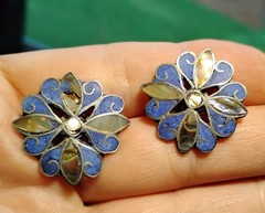 Alpaca Silver Abalone & Lapis Lazuli Flower Screw Back Earrings Repair