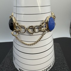 Vintage Double‑Strand Scarab Bracelet Gold Tone Carved Stones Safety Chain 7in