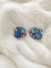 Vintage Weiss Blue Purple Rhinestone Clip-On Earrings Signed Designer Glam
