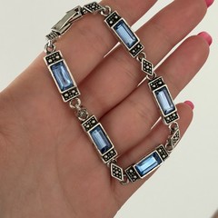 Vintage Blue Crystal Faux Marcasite Silver Tone Chain Link Bracelet 6.75″