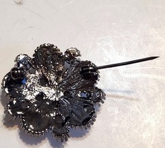 Vintage Bead Elegance Dark Metal Brooch With Faux Pearls & Clear Stones Jewelry