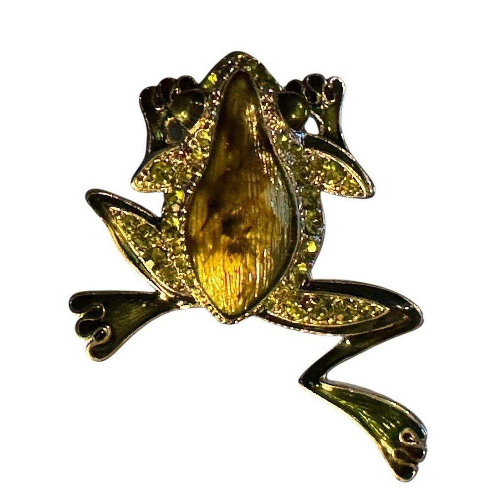 Vtg Lauren Conrad Enamel Leaping Frog Brooch Gold Tone Rhinestone Pin Signed LC