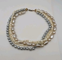 Vintage Faux Pearl Multistrand Round Baroque White Champagne Grey Statement 19.5