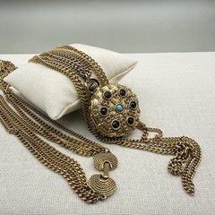 Vintage Goldette Trinket Locket Multi Strand Chain 30-42″ Blue Red Scrollwork
