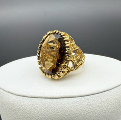 18K HGE Gold Tone Oval Faceted Brown Smoky Quartz Ornate Cocktail Ring Sz 4.75