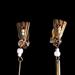 Vtg Atq Gold Gilt Opaline Glass Art Deco Style Clip On Dangle Earrings 3.5in