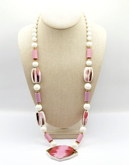 Hand Painted Porcelain Ceramic Pendant Beaded Vintage Necklace 30 Inch Japan