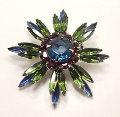 VINTAGE NAVETTE BLUE, GREEN AND PURPLE RHINESTONES FLOWER BROOCH