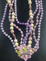Vintage 1950’s Purple, Lavender Faux Pearl , Resin Enamel Flower Motif Necklace