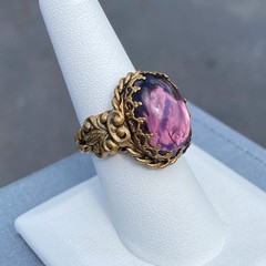 Vintage Ring Czech Glass Purple Cabochon Twisted Brass Adjustable Filigree Bezel