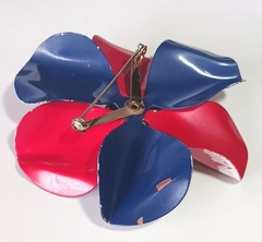 Vintage Metal Flower Brooch w White Rhinestone Center & Red Blue White Petals