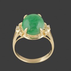 Solid 18K Yellow Gold Green Jade Cabochon & Diamond Estate Cocktail Ring
