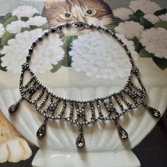Vintage TARA Aurora Borealis Crystal Festoon Necklace Smoky Drops Gunmetal Chain