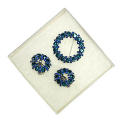 Weiss Signed Peacock Blue Emerald Green Brooch Earring Set Vintage 1960s Jewelry