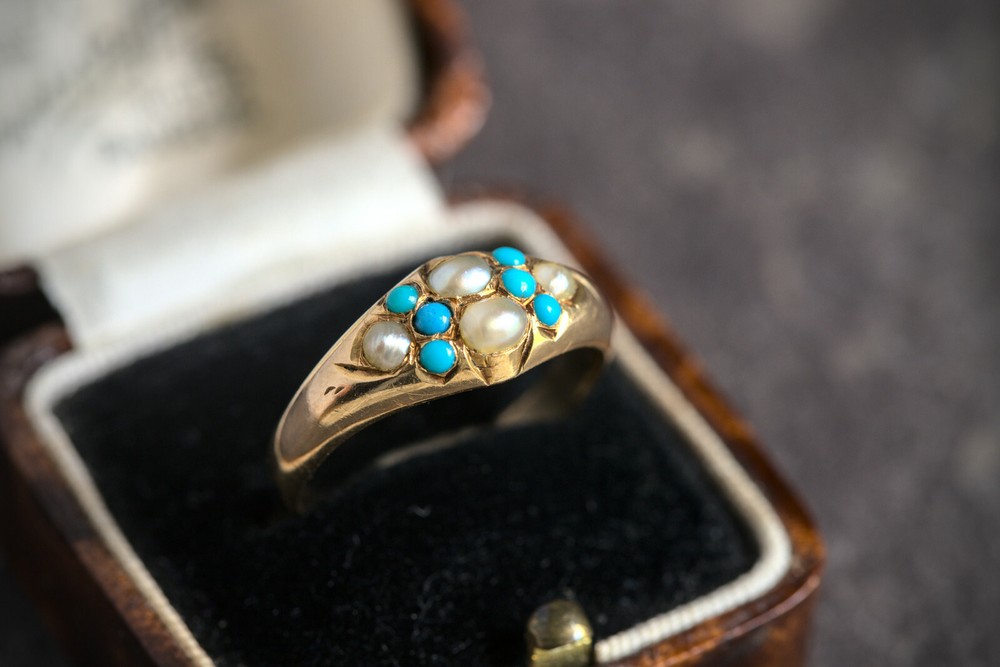 ANTIQUE ART NOUVEAU ENGLISH 15K GOLD SEED PEARL TURQUOISE RING c1890