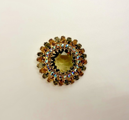 Vintage Unsigned Brown, Gray, and Aurora Borealis Round Brooch