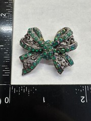 Bow Green AB Rhinestone Vintage Pin Brooch J-595