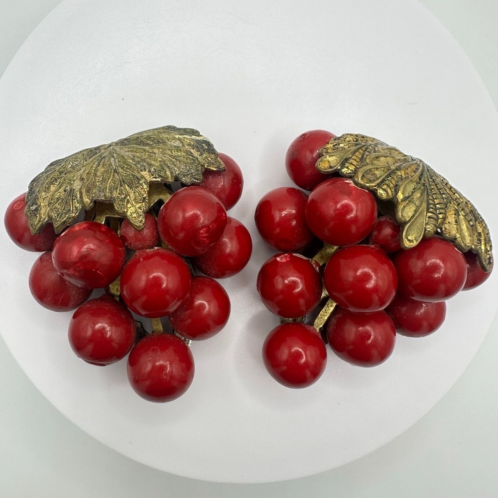 Vintage antique set 2 gold tone brass red plastic enameled grapes dress clips