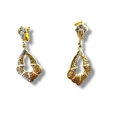 Vintage Gold Tone Damascene Drop Dangle Earrings Multi Tone Gold Silver Clips