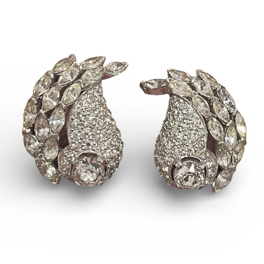 Vtg JOMAZ Earrings Joseph Mazer Clip On Marquis Shaped Rhinestones & Pave Swirls