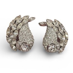 Vtg JOMAZ Earrings Joseph Mazer Clip On Marquis Shaped Rhinestones & Pave Swirls