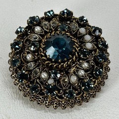 Vtg Dome Shaped Brooch Blue Crystals and Faux Seed Pearls MISSING 7 Faux Pearls