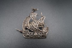 Vtg Brooch Pin Silver 800 Filigree Galleon Masted Ship Brooch Exquisite Detail