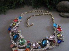 Colorful Rhinestone Gold Tone Large Bib Statement Necklace