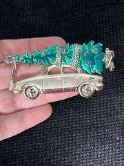 AJC Large Christmas Brooch Bringing Home the Tree with Car Gold Tone and Enamel