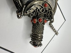 Antique Victorian Silver Snuff Bottle Filigree Red Coral? Tibetan? 32in Read
