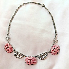 Art Deco c.1930’s Pressed Pink Floral Glass Enamel Silver Tone Necklace