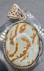 Vintage Sterling Silver Jasper Pendant Large Oval Cabochon Rope Bezel 10.4g