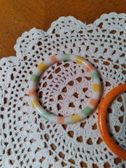 Vintage Glass Bangle Bracelets Set of Two Faux Jade Orange Green yellow