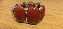Red Oval Plastic Stone Silver Tone Metal Flex Stretchy Bracelet Adjustable Flaw