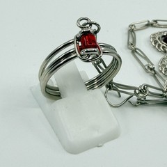Vintage Y2K Silver Tone Red Glass Bead Slave Bracelet Ring Hand Chain Set Retro