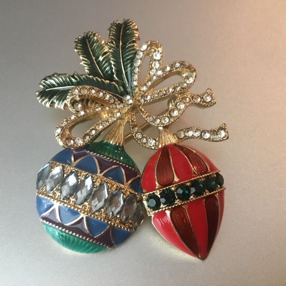 Monet Christmas Ornament & Pine Brooch Pin Enamel & Pave Rhinestones NEW in Box