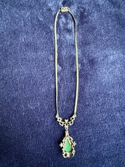 Vintage Art Nouveau Revival Green Cabochon Brass Costume Necklace