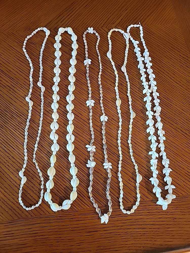 Vintage Lot Of 5 Hand Strung Long Shell Necklaces Cluster White Cream Mixed