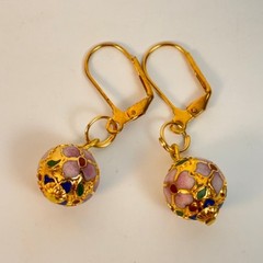 Vintage Cloisonne Dangle Earrings Gold Floral Enamel Glass Bead Boho Chic