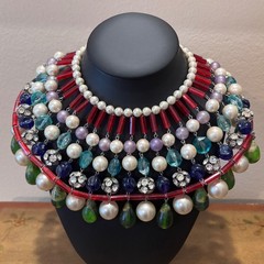 Vintage Waterfall Collar Necklace Multi-strand Faux Pearl Glass Bead Rhinestone