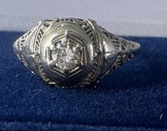 Ring-Antique, Art Deco, White Gold, Diamond, Old Mine Cut, Vintage Filigree