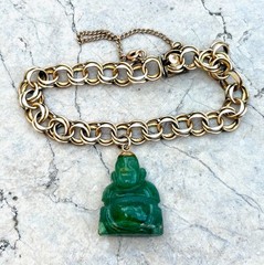 Vintage Double Link 12K 1/20 Gold Filled Green Carved Stone Charm Bracelet