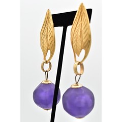 Vintage Chunky Leaf Clip On Earrings Brushed Gold Frosted Purple 80s 1980s BinBK