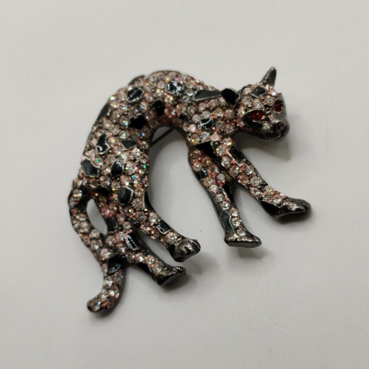 Vintage Rhinestone Black Cat Brooch Gothic Art Deco Pin