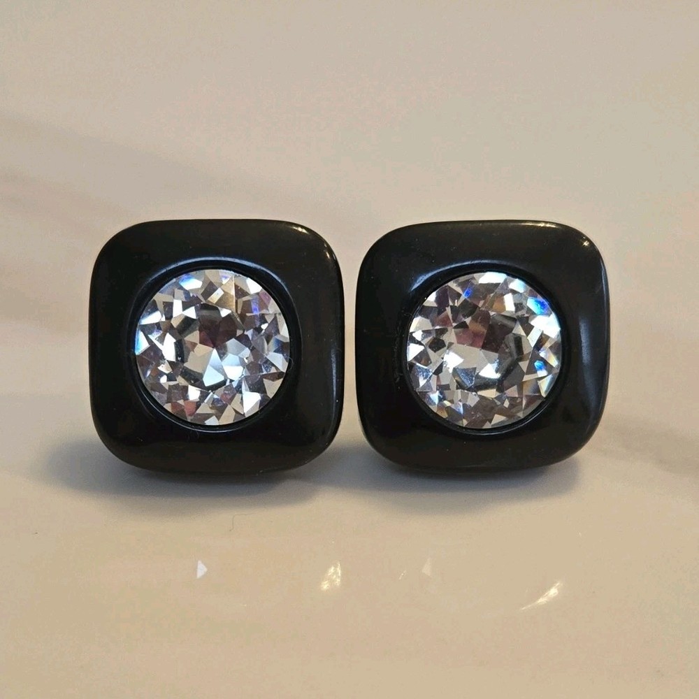 Vintage LANVIN Black & Clear Glass Square Clip-On Earrings