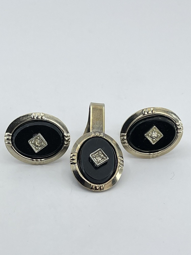 vintage cufflinks and tie clip set oval rhinestone in a diamond shaped setting