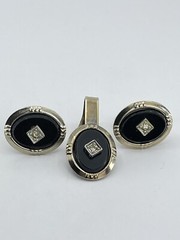vintage cufflinks and tie clip set oval rhinestone in a diamond shaped setting