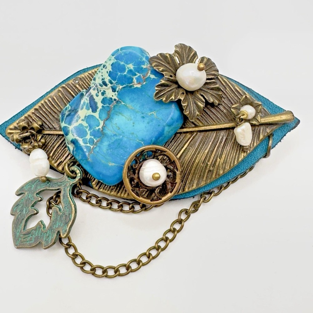 Artisan Brooch Variscite Stone & Freshwater Pearls Brass Leaf Leather Steampunk