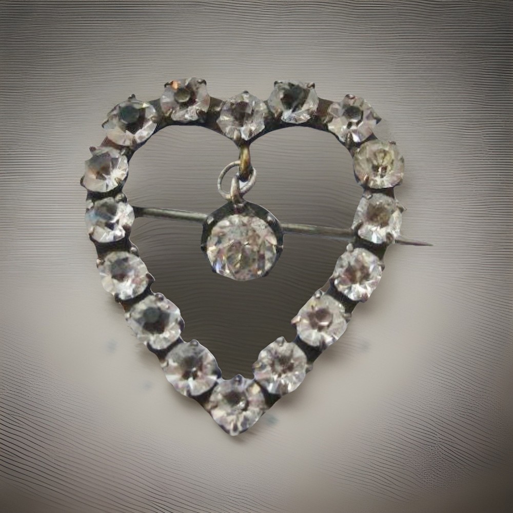 Antique Victorian Clear Paste Stones Heart Silver Brooch & Paste Dangle Center