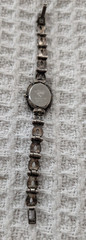 VNTG. Sterling 925 Marcasite Oval Diamond Logo Bracelet Watch 7″ Needs Battery